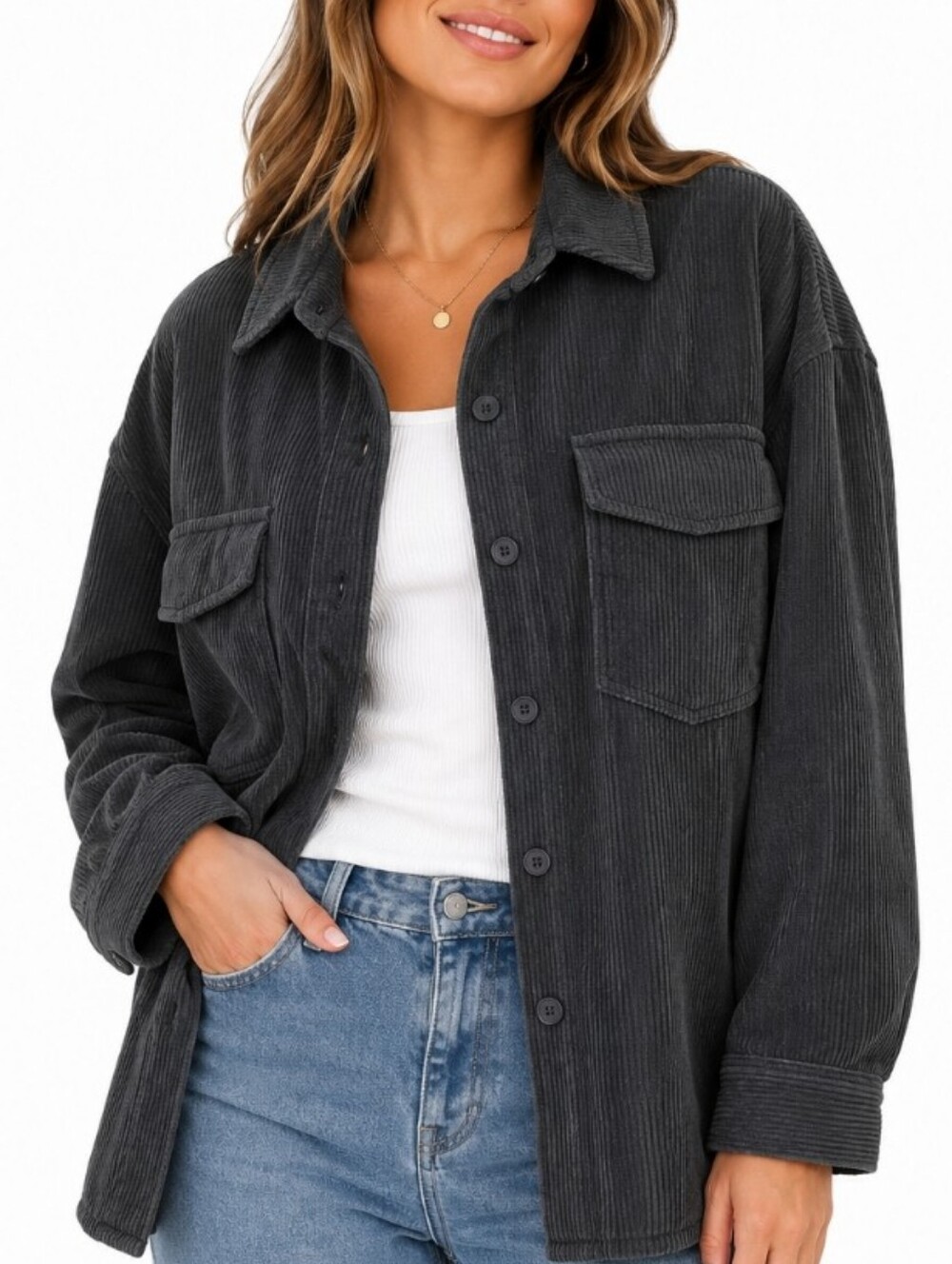 Ardene Classic Cord Layering Shacket Medium Charcoal Overshirt